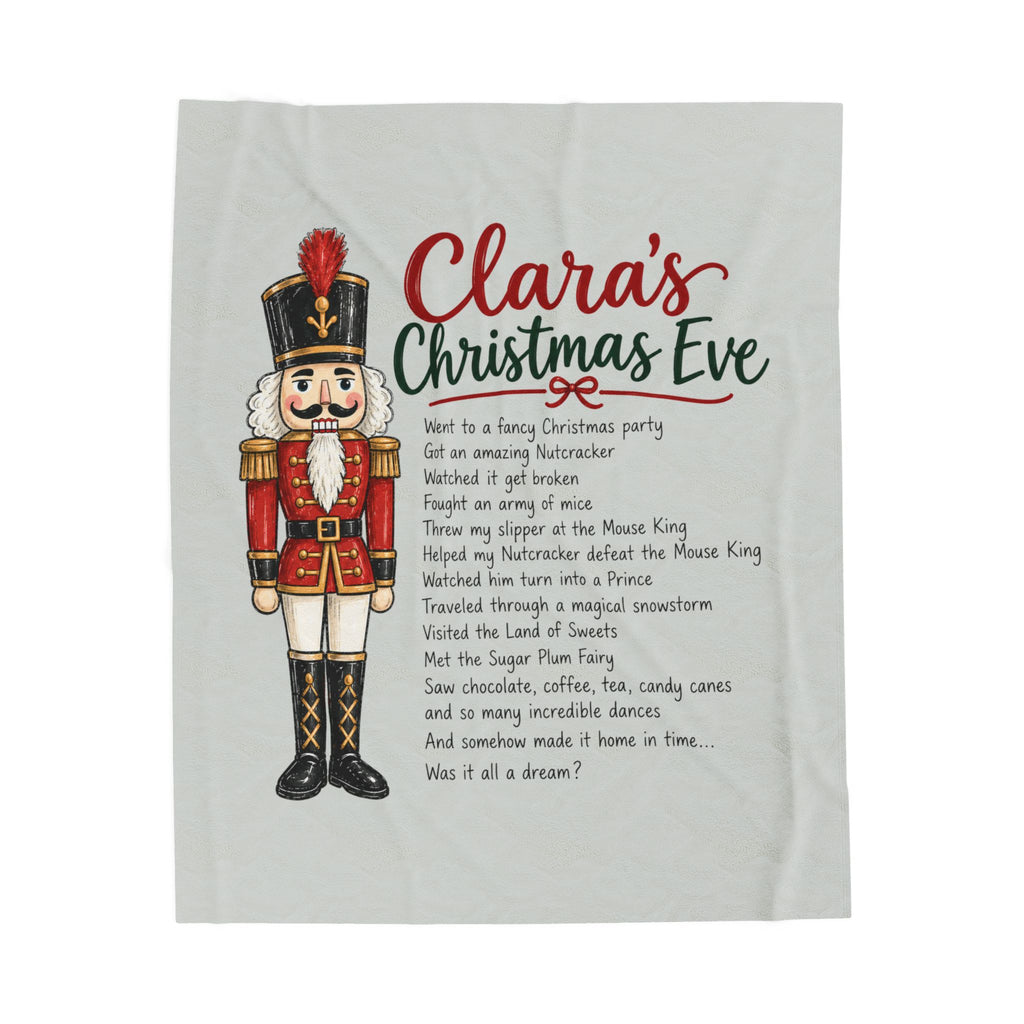 A square white fabric tea towel featuring a festive Christmas-themed design. The design includes a colorful illustration of a nutcracker on the left and the text 'Clara's Christmas Eve' in red and green script, followed by a list of holiday memories in black text.