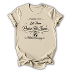 Beige t-shirt with black text 'Called to Dance, Created to Worship' on a white background