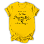 Yellow t-shirt with black text 'Called to Dance, Created to Worship' on a white background