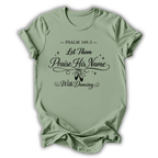 Sage green t-shirt with black text and ballet shoes graphic on a white background