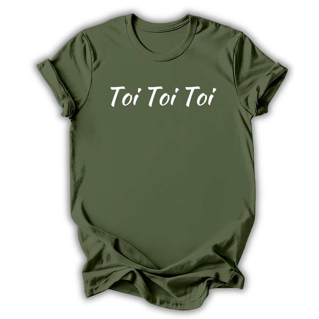 Green t-shirt with 'Toi Toi Toi' text on a white background