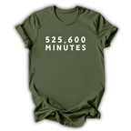 Green t-shirt with '525,600 minutes' text on a white background