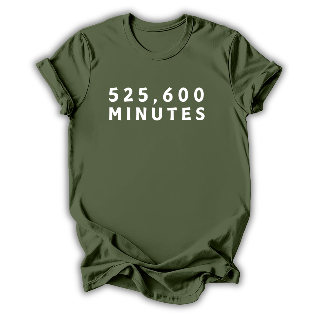 Green t-shirt with '525,600 minutes' text on a white background