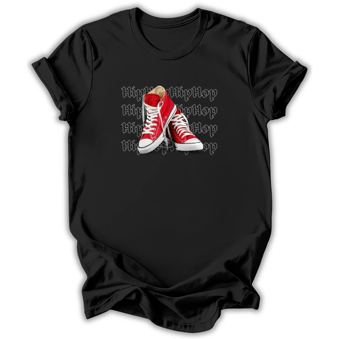 Black t-shirt with red high-top sneakers graphic and 'Hip Hop' text on a white background
