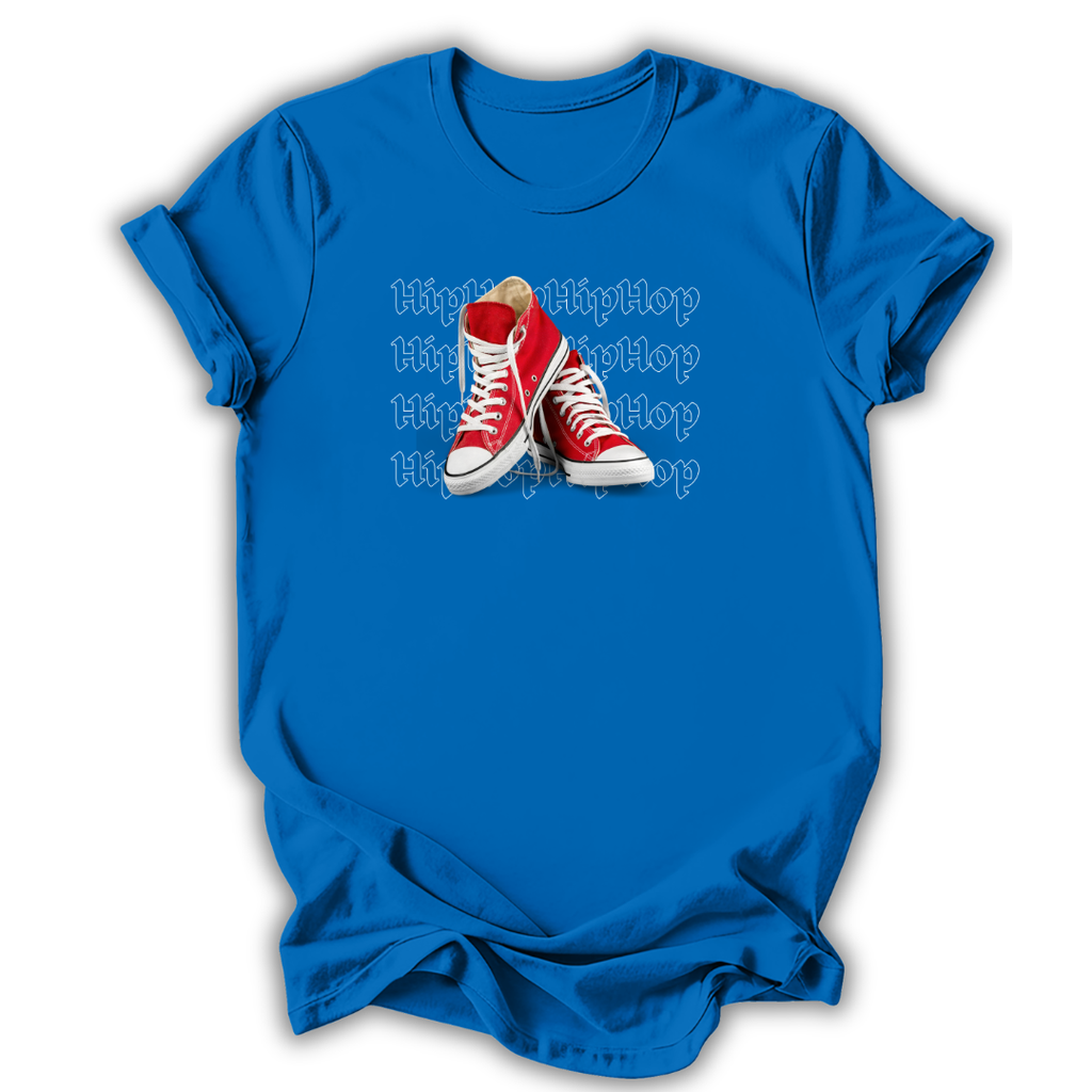 Blue t-shirt with red high-top sneakers graphic and 'Hip Hop' text on a white background