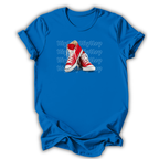 Blue t-shirt with red high-top sneakers graphic and 'Hip Hop' text on a white background