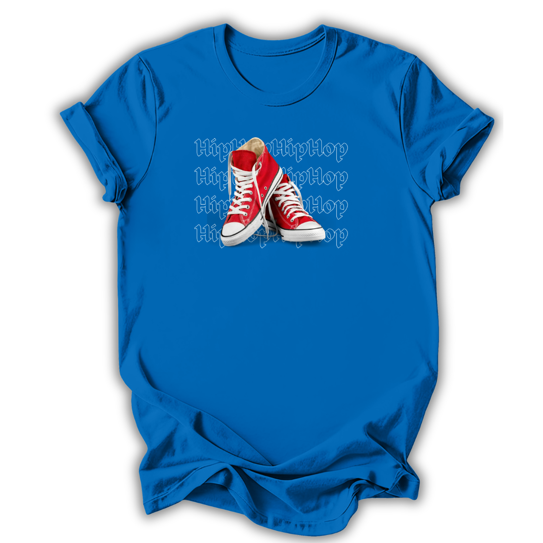 Blue t-shirt with red high-top sneakers graphic and 'Hip Hop' text on a white background