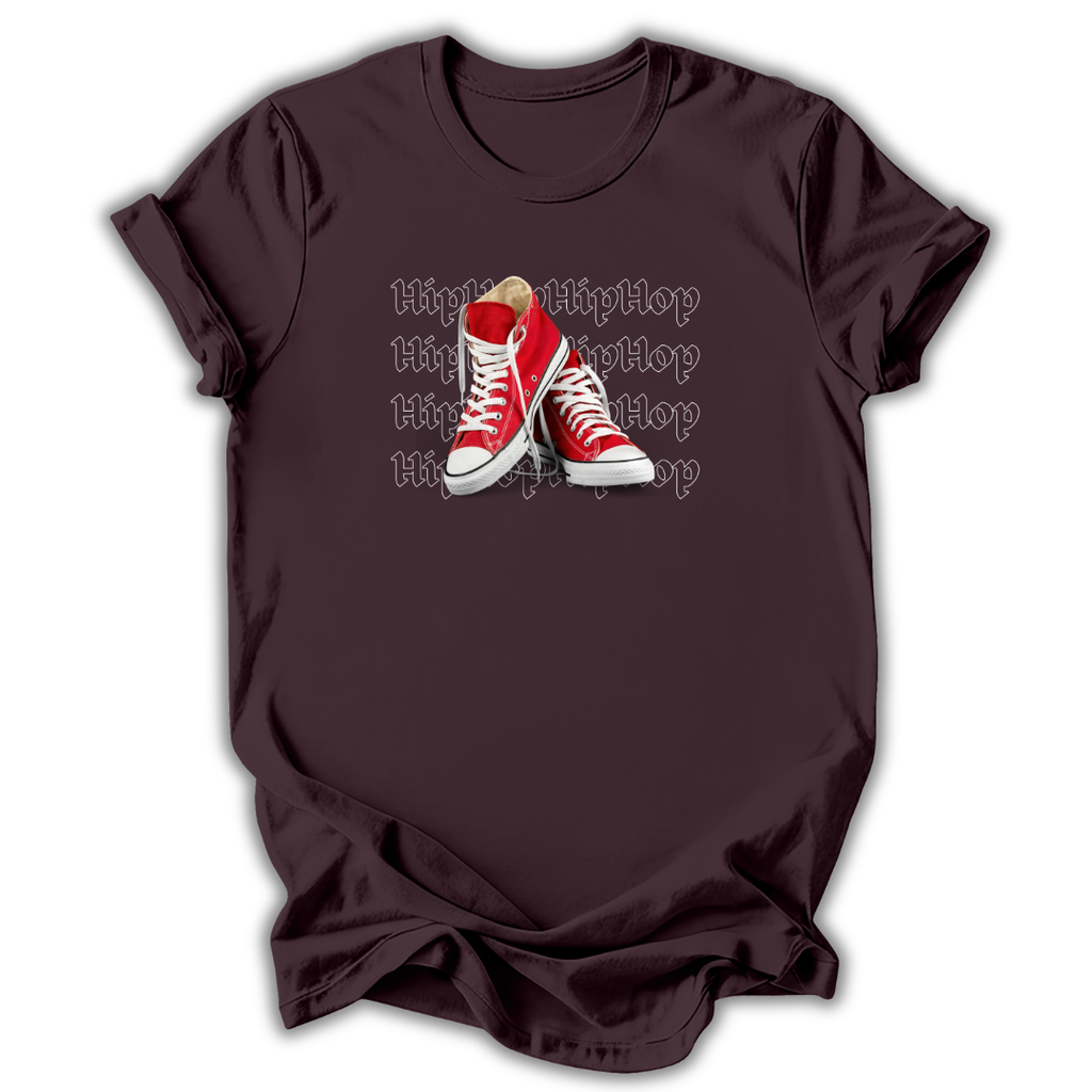 Brown t-shirt with red sneakers graphic and 'Hip Hop' text on a white background