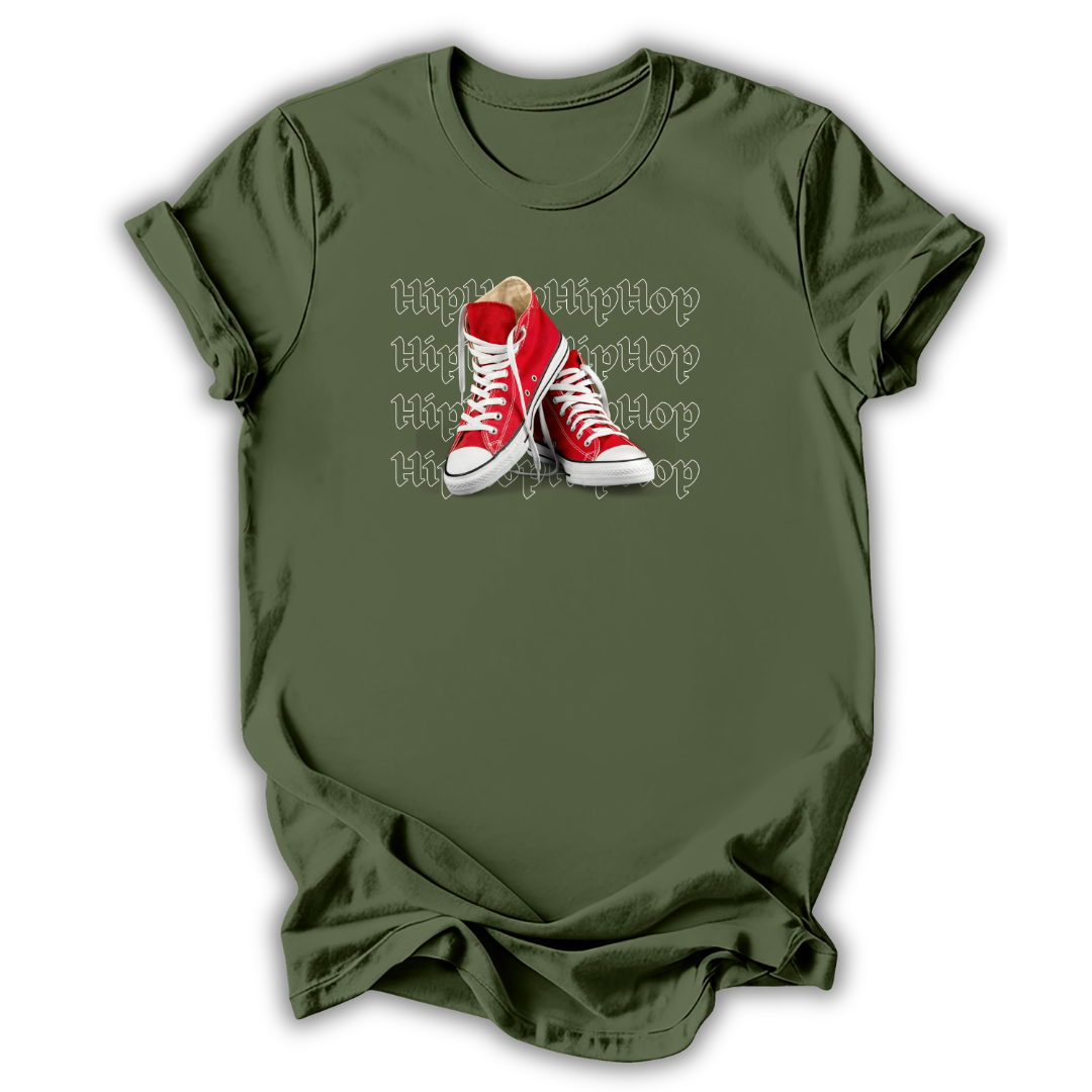 Green t-shirt with red high-top sneakers graphic and 'Hip Hop' text on a white background
