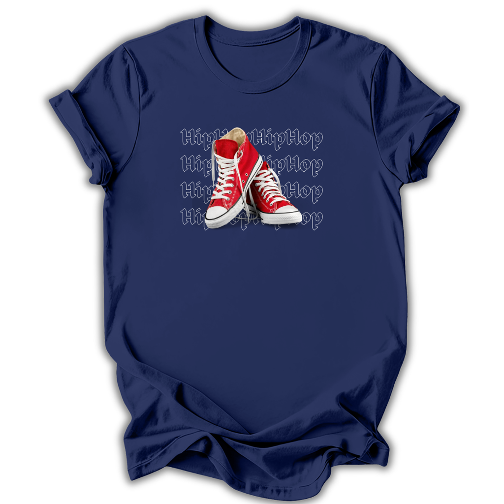 Navy blue t-shirt with red sneakers graphic and 'Hip Hop' text on a white background