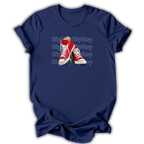 Navy blue t-shirt with red sneakers graphic and 'Hip Hop' text on a white background