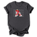 Dark gray t-shirt with red sneakers graphic and 'Hip Hop' text on a white background