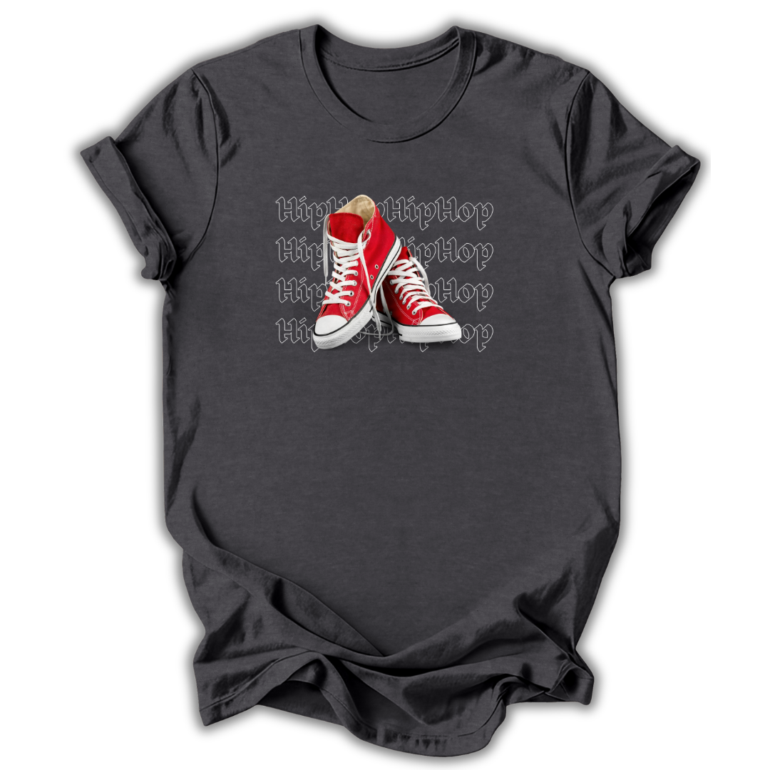 Dark gray t-shirt with red sneakers graphic and 'Hip Hop' text on a white background