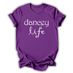 Purple t-shirt with 'dancey life' text on a white background