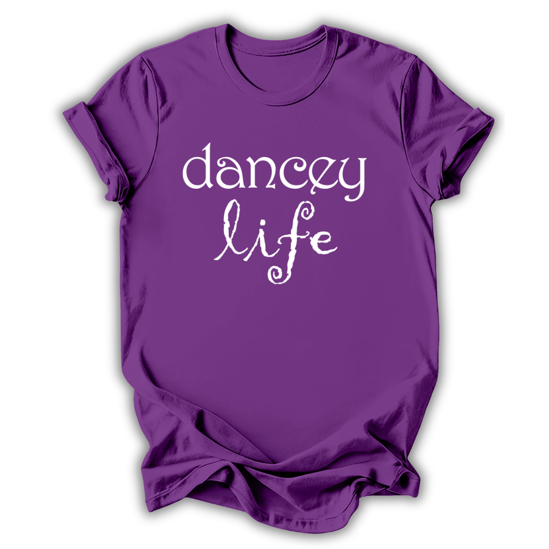 Purple t-shirt with 'dancey life' text on a white background