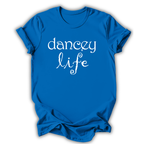 Blue t-shirt with 'dancey life' text on a white background