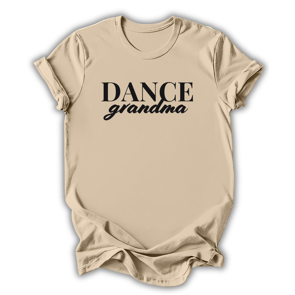 Beige t-shirt with 'DANCE grandma' text on a white background