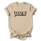 Beige t-shirt with 'DANCE grandma' text on a white background