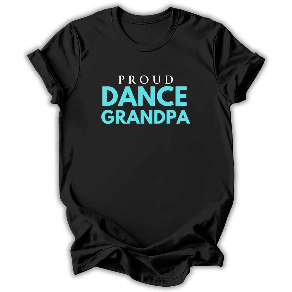 Black t-shirt with 'Proud Dance Grandpa' text in blue on a white background