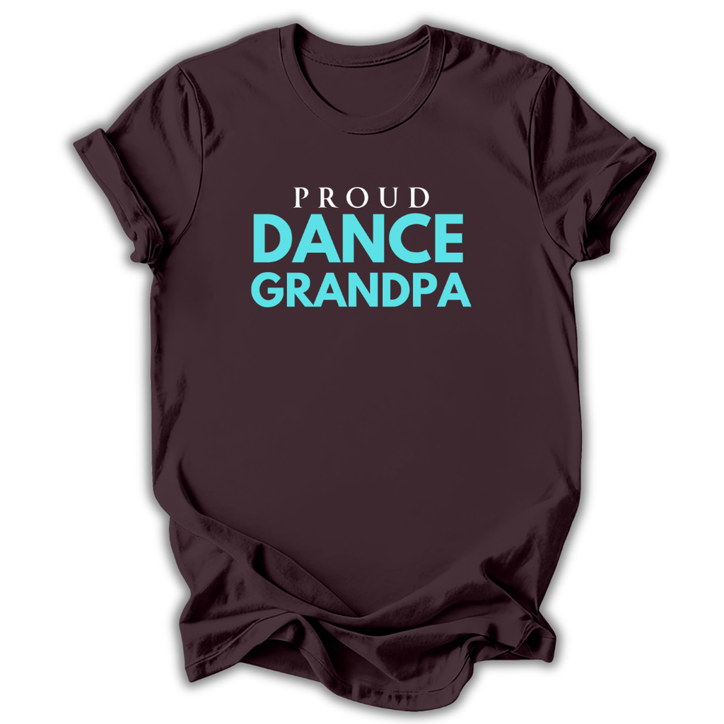 Brown t-shirt with 'Proud Dance Grandpa' text in blue on a white background