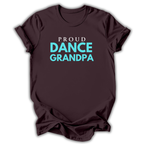 Brown t-shirt with 'Proud Dance Grandpa' text in blue on a white background