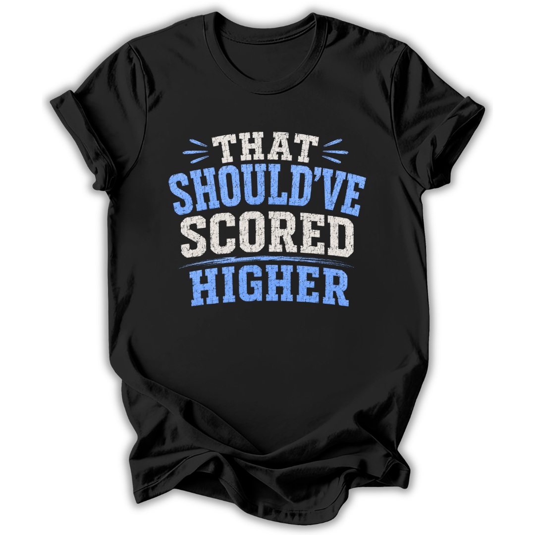 Black t-shirt with humorous text design on a white background