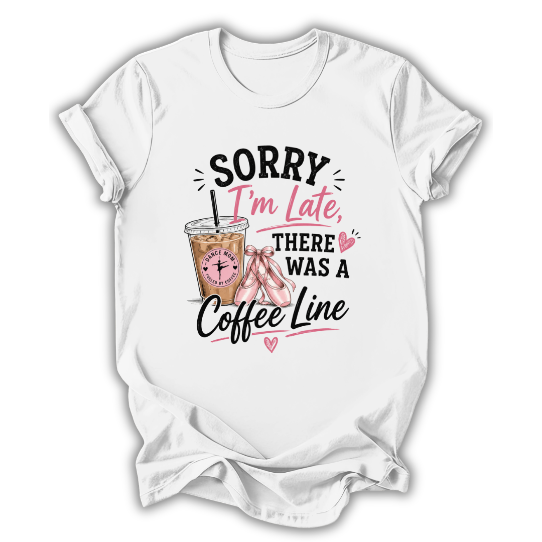 White t-shirt with a graphic of a coffee cup and text on a white background