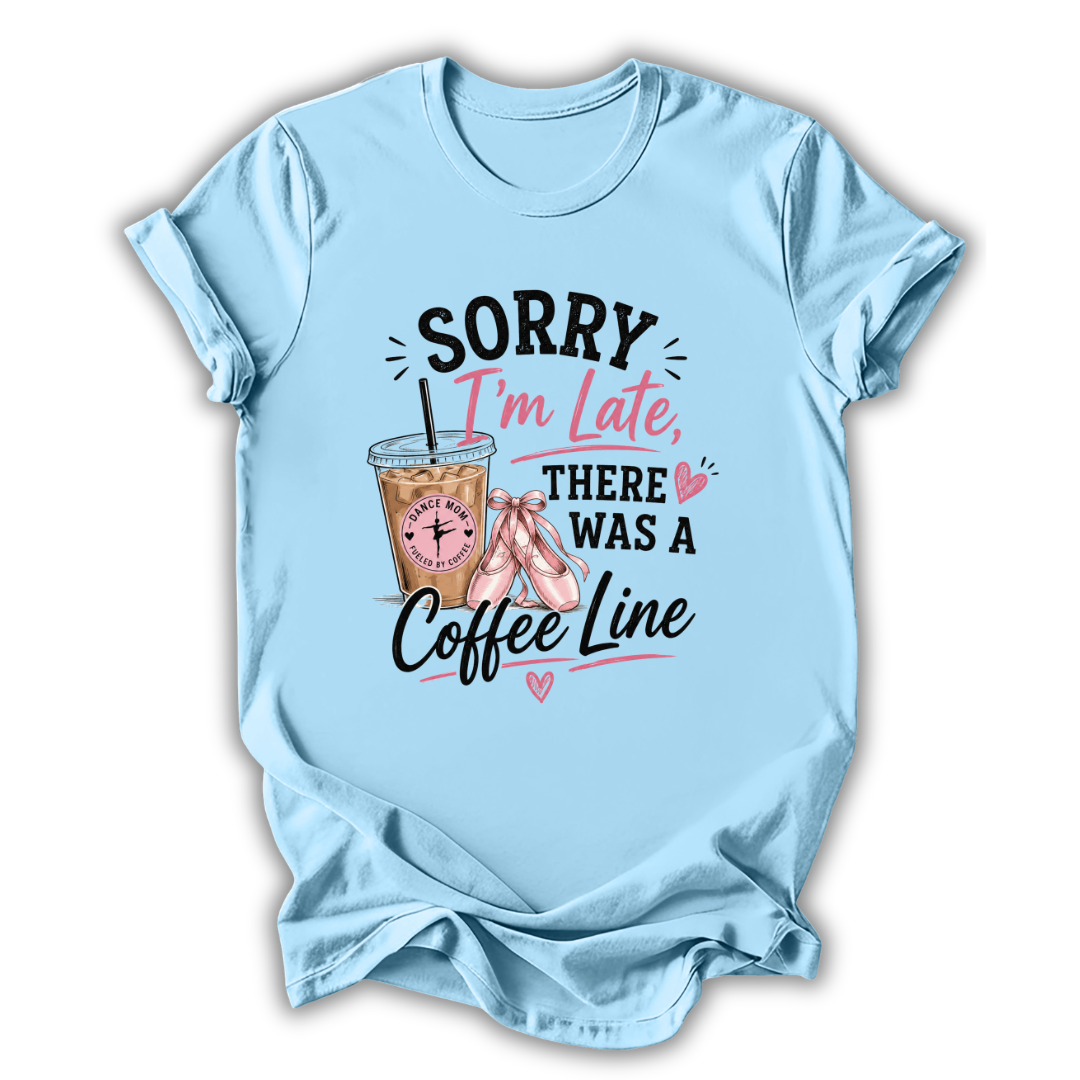 Light blue t-shirt with a coffee-themed graphic and text on a white background