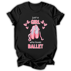 Black t-shirt with pink ballet shoes and text on a white background