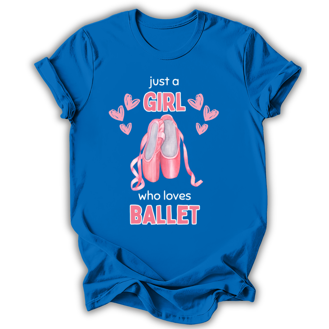 Blue t-shirt with ballet-themed design and text on a white background