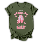 Green t-shirt with ballet-themed design and text on a white background
