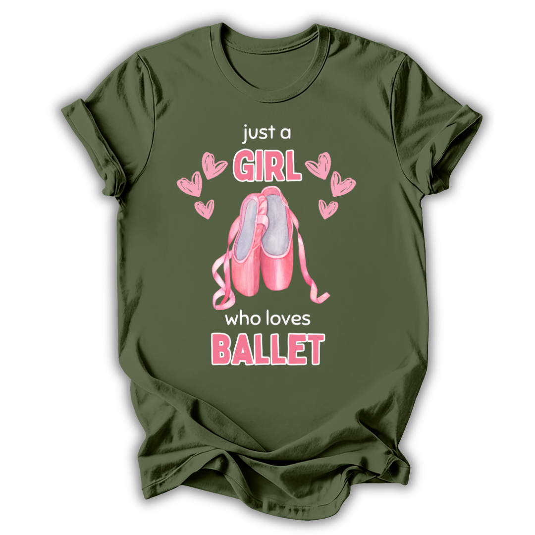 Green t-shirt with ballet-themed design and text on a white background