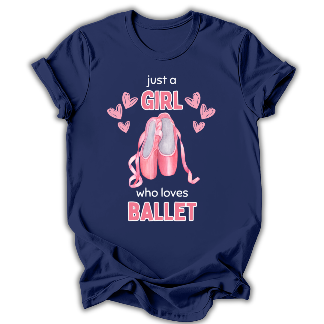 Navy blue t-shirt with ballet-themed design and text on a white background