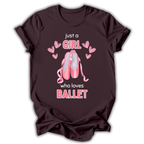 Brown t-shirt with ballet-themed design and text on a white background
