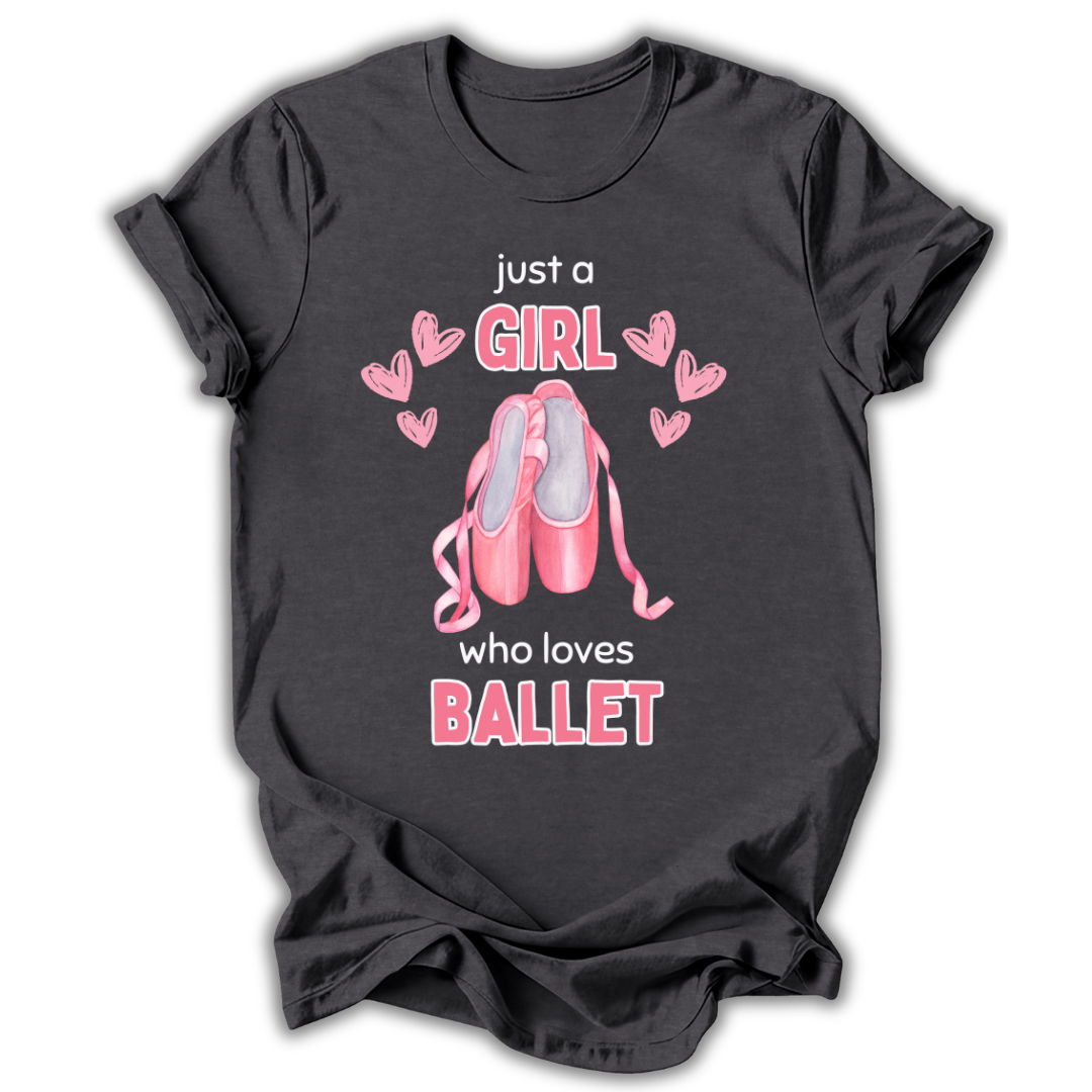 Black t-shirt with pink ballet slipper design and text on a white background