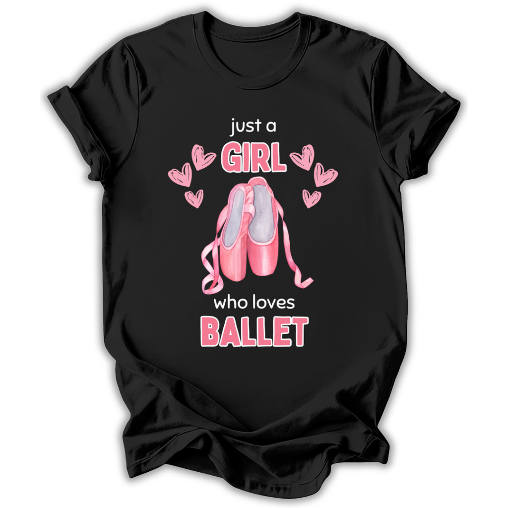 Black t-shirt with pink ballet shoes and text on a white background