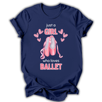 Navy blue t-shirt with ballet-themed design and text on a white background