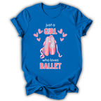 Blue t-shirt with ballet-themed design and text on a white background
