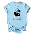 Light blue t-shirt with 'Swan Lake' graphic design on a white background