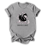 Gray t-shirt with 'Swan Lake' graphic design on a white background