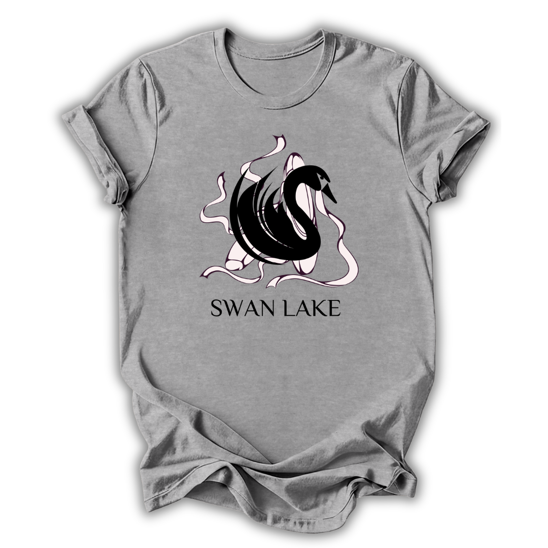 Gray t-shirt with 'Swan Lake' graphic design on a white background