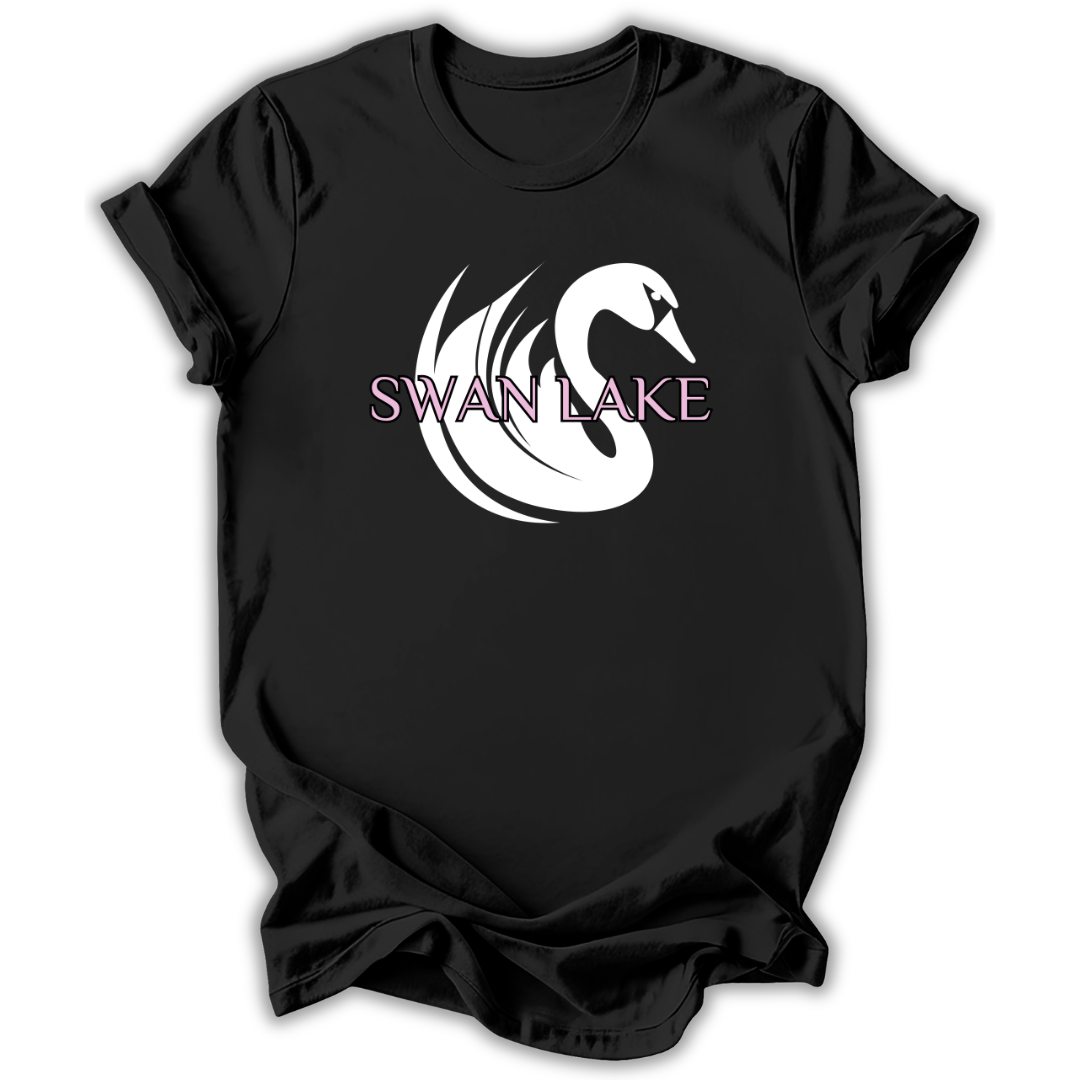 Black t-shirt with 'Swan Lake' graphic design on a white background