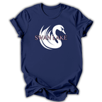 Navy blue t-shirt with a white swan design and 'SWAN LAKE' text on a white background