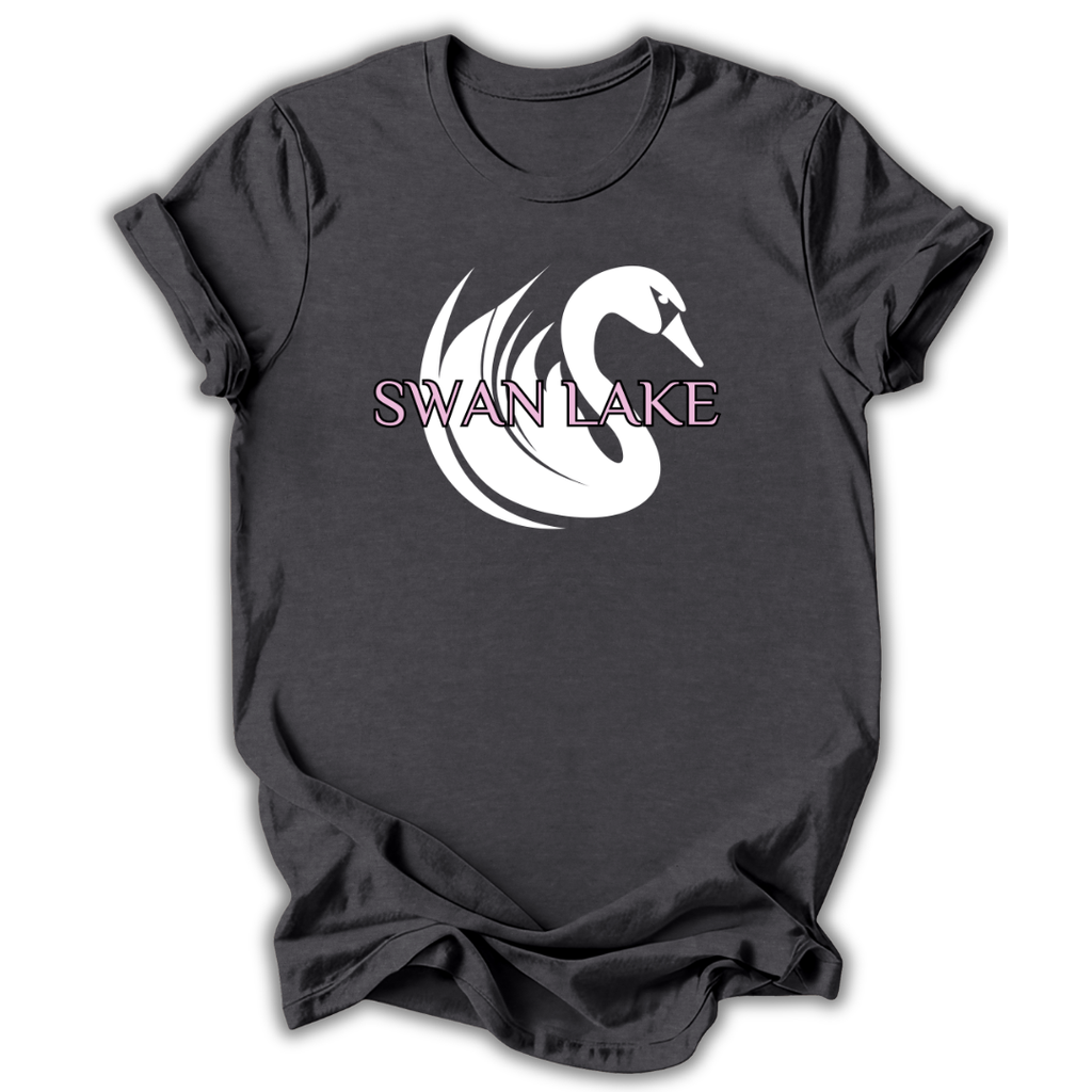 Black t-shirt with a white swan design and 'Swan Lake' text on a white background