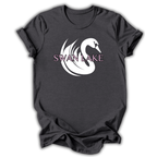 Black t-shirt with a white swan design and 'Swan Lake' text on a white background