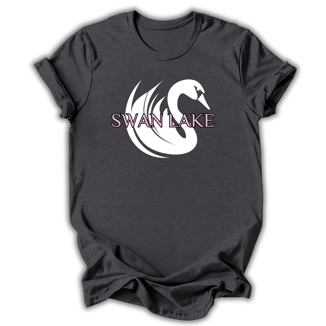 Black t-shirt with a white swan design and 'Swan Lake' text on a white background