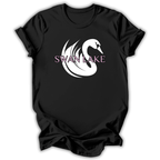 Black t-shirt with 'Swan Lake' graphic design on a white background