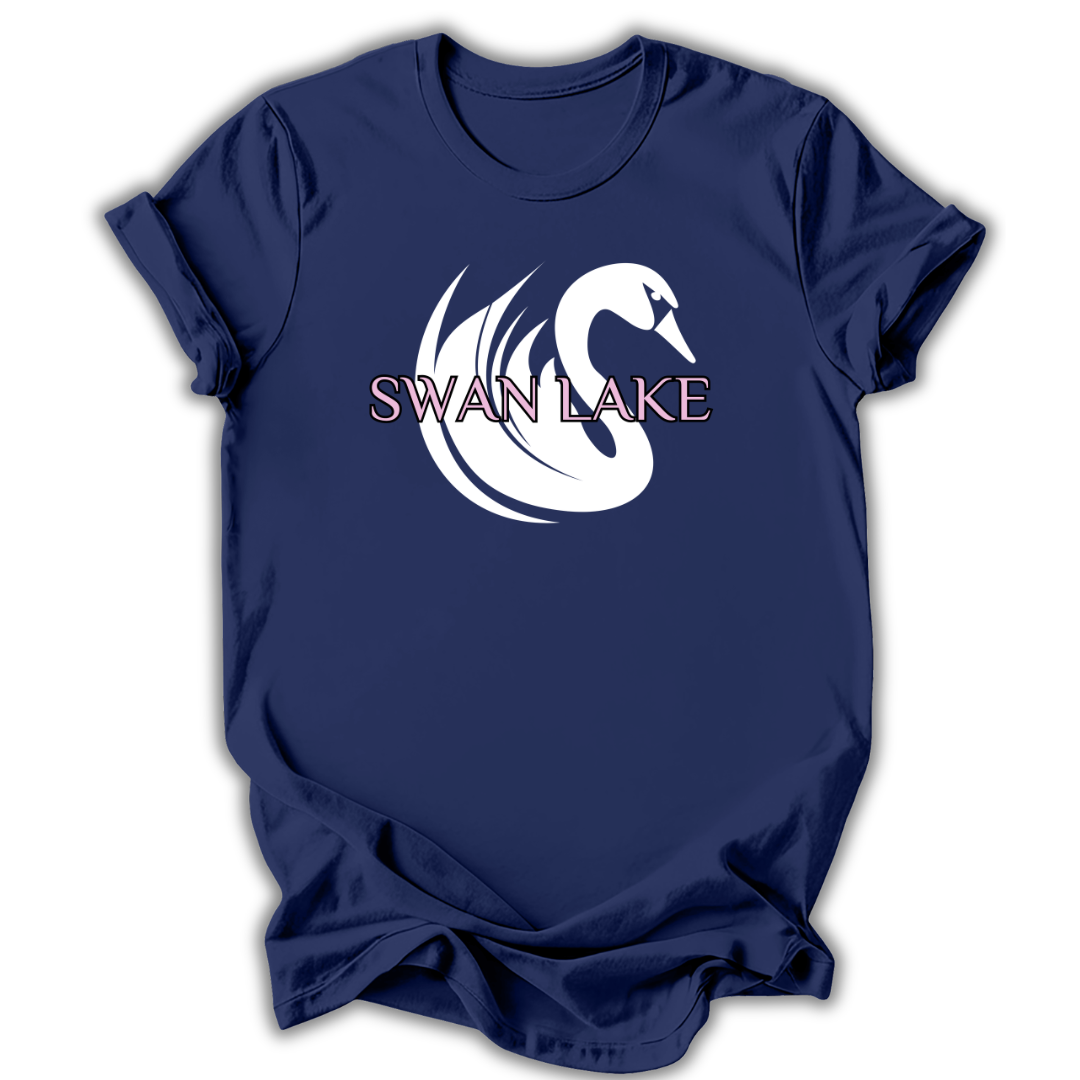 Navy blue t-shirt with a white swan design and 'SWAN LAKE' text on a white background
