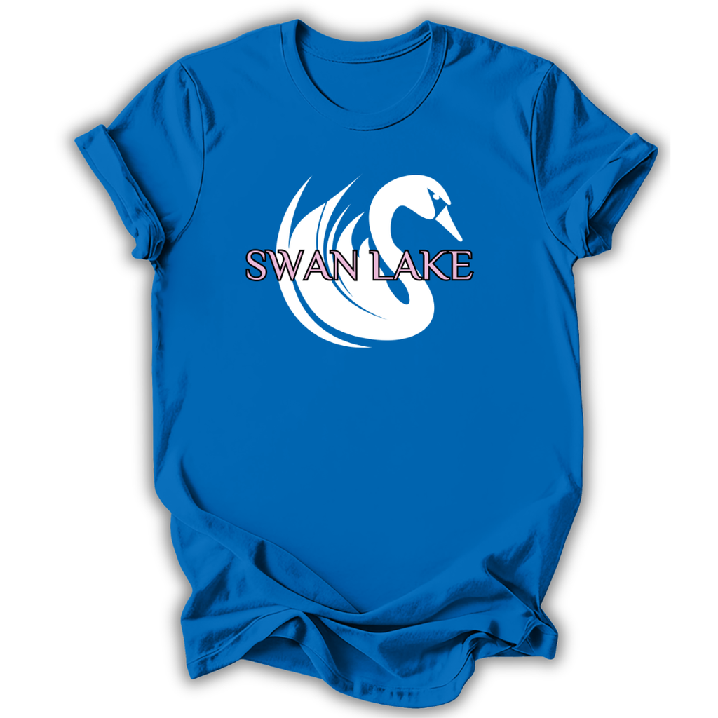 Blue t-shirt with a white swan design and 'SWAN LAKE' text on a white background