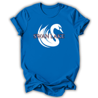 Blue t-shirt with a white swan design and 'SWAN LAKE' text on a white background